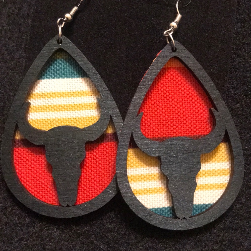 Longhorn Serape Wooden Dangle Earrings 1 of a KIND - Picture 1 of 5